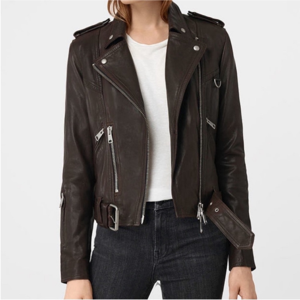 All Saints Gidley Black Leather Biker Moto Jacket, Sz 0